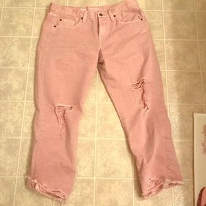 Cropped, distressed rose denim capris